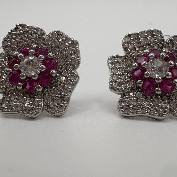 Sterling Silver Magenta Floral Stud Earrings - Rhodium Plated Cluster - Picture 3 of 7